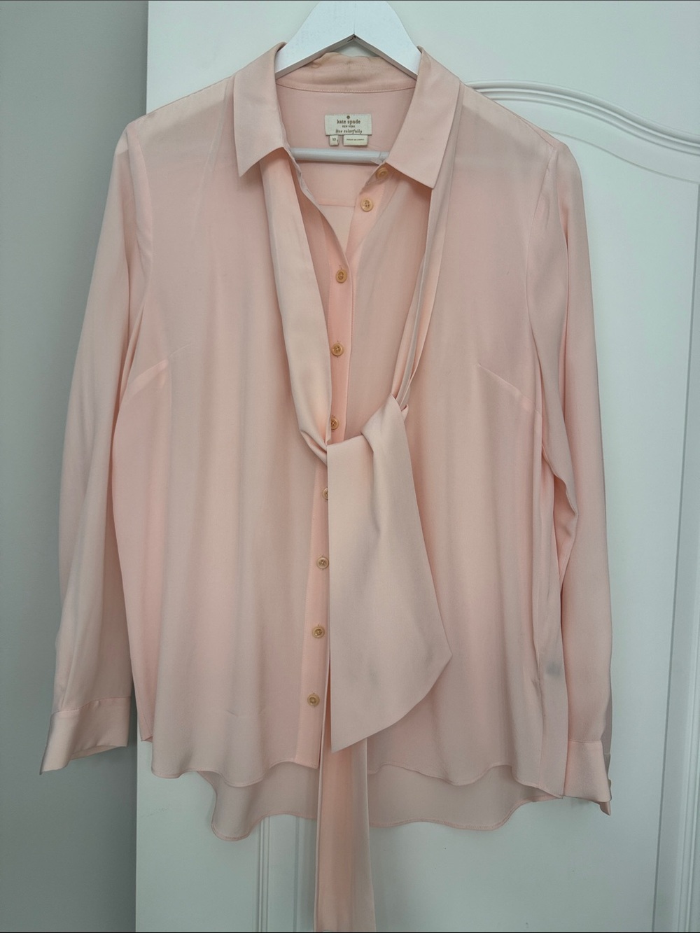Kate Spade 100% Silk Pale Blush Tie-Neck Button Blouse